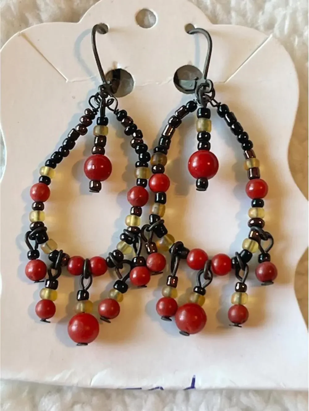 Beaded Dangle Earrings with Red, Yellow, and Black Beads